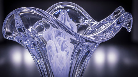 Clear glass vase with a frosted white swirling interior design on a dark background.の素材