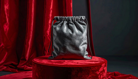 A gray velvet drawstring pouch is placed on a red velvet podium with red velvet curtains in the background.の素材