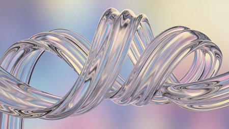 An iridescent metallic twisted ribbon shape with a soft pastel gradient background, reflecting light.の素材