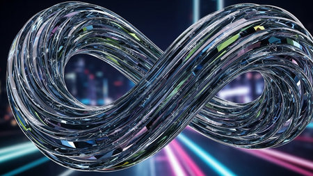 Metallic infinity symbol with reflective facets against a blurred city lights backgroundの素材