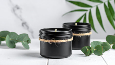 Two black scented candles with twine accents are placed on a white surface surrounded by greenery.の素材
