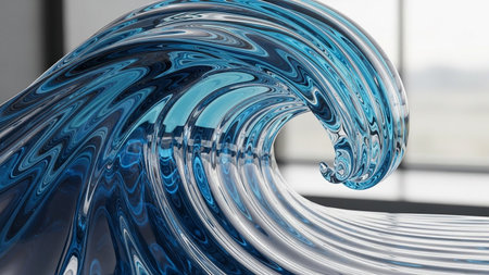 Transparent blue glass wave cresting with detailed water-like textures and reflections in a studio setting.の素材