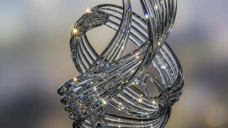 An intricate, twisted glass sculpture with numerous sparkling light reflections against a blurred background.の素材