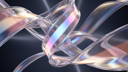 Intertwined transparent ribbons with iridescent colors reflecting light against a dark background.の素材
