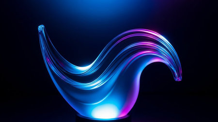 A fluid glass sculpture with smooth curves illuminated by vibrant blue and pink neon lights.の素材
