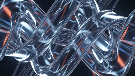 Intertwined transparent glass ribbons with blue and orange reflections against a dark background.の素材