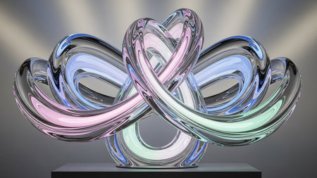 A polished glass sculpture with intertwined loops and pastel lighting against a gradient background.の素材