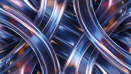 Abstract metallic ribbons intertwined with blue and orange reflections creating a complex pattern.の素材