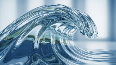 A detailed close-up of a translucent blue water wave cresting, showing reflections and ripples on its surface.の素材