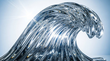 A realistic glass sculpture of a breaking ocean wave with bright sunlight glare. Clear details and vibrant col...の素材