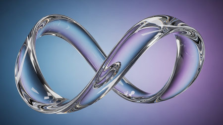 A 3D rendered infinity symbol made of clear glass with purple and blue gradient. Clear details and vibrant col...の素材