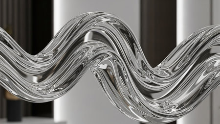 A shiny metallic liquid form twists and turns with reflections and highlights against a blurred background.の素材