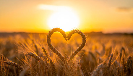 A heart shape formed by wheat ears is prominent in a field bathed in the golden light of a setting sun.の素材