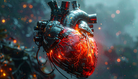 A detailed mechanical heart with a glowing red interior, surrounded by sparks and bokeh lights in a dark, moody atmosphere.の素材