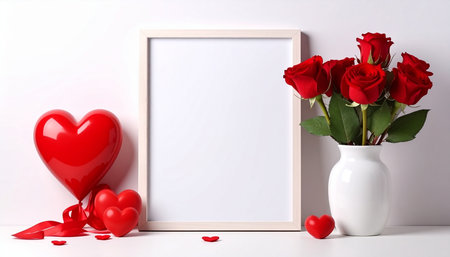 A white frame is positioned on a white surface with red roses in a vase and a red heart balloon.の素材