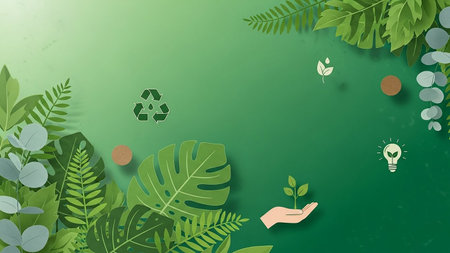 An eco-friendly concept with lush green leaves, a recycling symbol, and a hand gently holding a small plant, symbolizing growth and sustainability.の素材