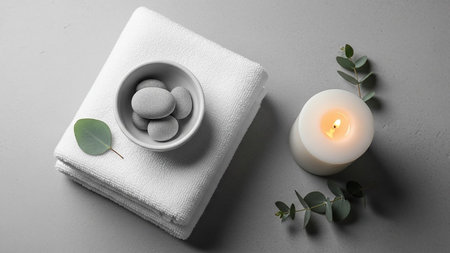 A serene spa setting featuring a lit white candle, smooth grey stones in a bowl, and eucalyptus leaves on a grey surface.の素材