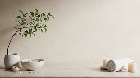 A peaceful spa setting with a green plant in a vase, a bowl of water with petals, rolled towels, and lit candles.の素材