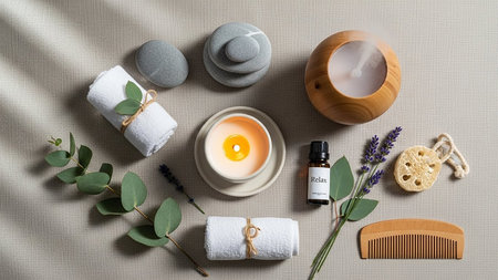 Relaxation showing spa and relaxation flat lay with essential oil diffuser and candles. High resolution image suitable for commercial use.の素材