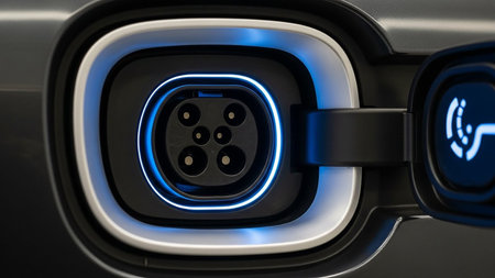 Close-up of an electric vehicle charging port with a blue illuminated ring and open cover.の素材