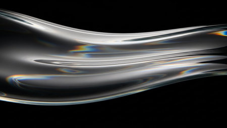 A close-up of a transparent wave with rainbow light refractions against a black background.の素材