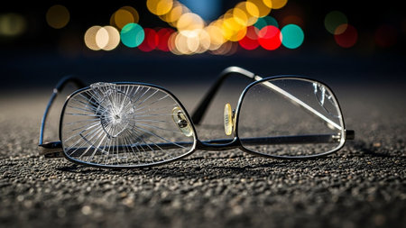 Broken eyeglasses with a shattered lens lying on asphalt, blurred city lights in the background.の素材