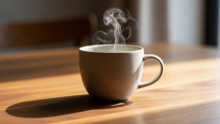 A white cup of steaming hot coffee sits on a wooden table bathed in warm morning sunlight.の素材
