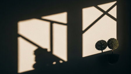 Geometric shadows from a window fall across a textured wall, with two small potted plants visible.の素材