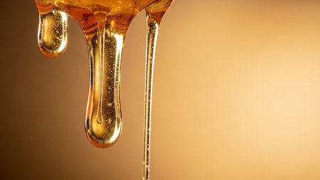 Thick golden honey drips and flows in viscous strands, creating a rich and sweet texture.の素材