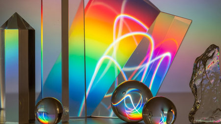 (316) showing prisms and spheres reflecting rainbow light and abstract patterns keywords: prism, sphere,...の素材