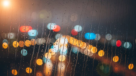Rainy windowpane with blurred colorful city lights and a warm sun glare in the background.の素材