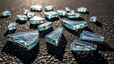 Sharp, transparent shards of broken glass are scattered across a dark, textured asphalt surface.の素材