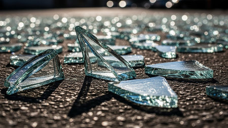 Sharp showing sharp broken glass shards scattered on dark asphalt surface keywords: broken glass, sharp,...の素材