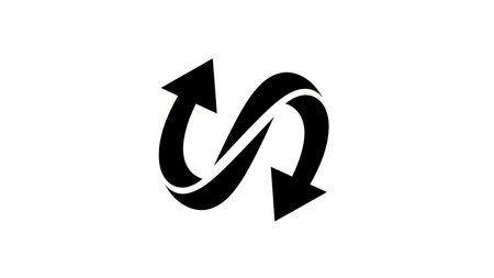 A black infinity loop formed by two intertwined arrows on a white background, symbolizing continuity.の素材