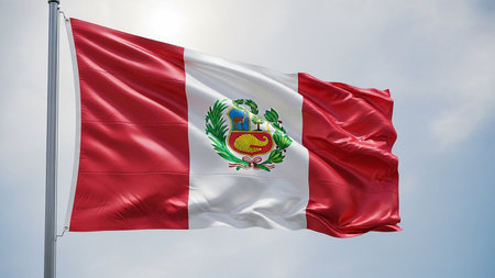 America showing flag of peru waving in the wind against a bright blue sky with clouds keywords: peru, flag, waving, wind, sky, blue, red, white,...の素材