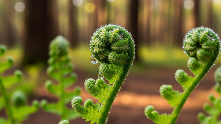 Two bright green, unfurling fern fronds covered in numerous water droplets, set against a softly blurred forest background.の素材
