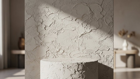 A textured, rough stucco cylindrical podium is placed against a similarly textured wall, with soft light and shadows.の素材