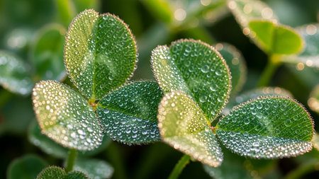 Close-up of a four-leaf clover adorned with numerous sparkling dewdrops, bathed in gentle morning light.の素材
