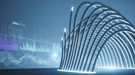 A futuristic glowing archway with digital data streams and charts in the background.の素材