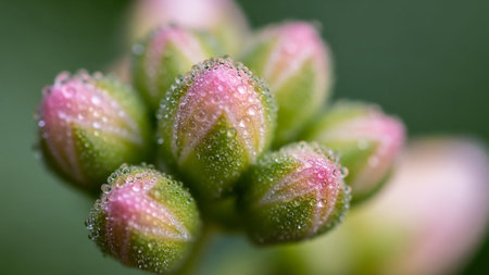 Macro view of a cluster of unopened pink and green flower buds covered in tiny, glistening dew drops.の素材