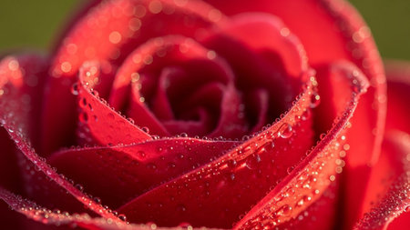 Extreme close-up of a vibrant red rose with petals covered in sparkling dewdrops, highlighting intricate details and texture.の素材