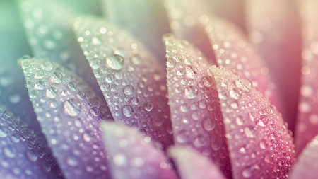 Macro view of numerous clear water droplets clinging to soft, pastel-colored flower petals, creating a delicate and refreshing texture.の素材