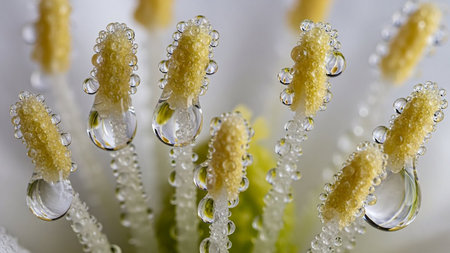 Stamens showing macro close-up of flower stamens covered in water droplets keywords: flower, macro, close-up, stamens, pistil, pollen, water...の素材