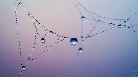 A detailed macro shot of a spider web adorned with numerous glistening dew drops against a soft, blurred gradient background of blue and purple hues.の素材