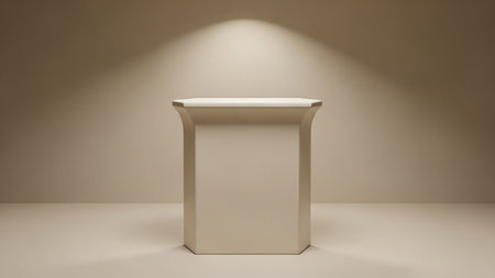 A minimalist beige pedestal is illuminated by a spotlight against a seamless neutral background, creating a clean display space.の素材