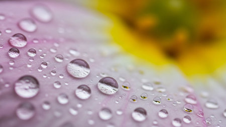 Extreme close-up of a pink flower petal covered in transparent water droplets, with a blurred yellow center in the background.の素材