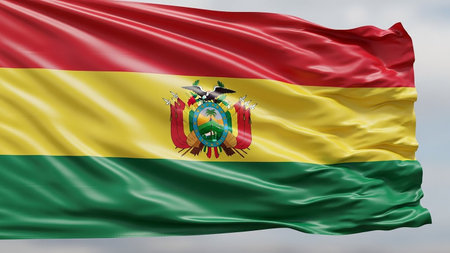 Detailed view of the Bolivian flag as it ripples and waves, showcasing the texture of the fabric and the vibrant colors of red, yellow, and green...の素材