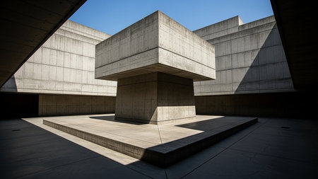 Brutalist concrete architecture features sharp geometric forms and deep shadows in a stark, angular courtyard under a bright blue sky.の素材