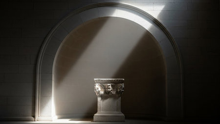 A carved stone pedestal sits within a dark arched niche, dramatically lit by shafts of sunlight creating strong shadows.の素材