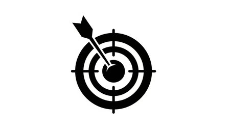 A black icon of a target with an arrow hitting the bullseye is displayed on a white background.の素材